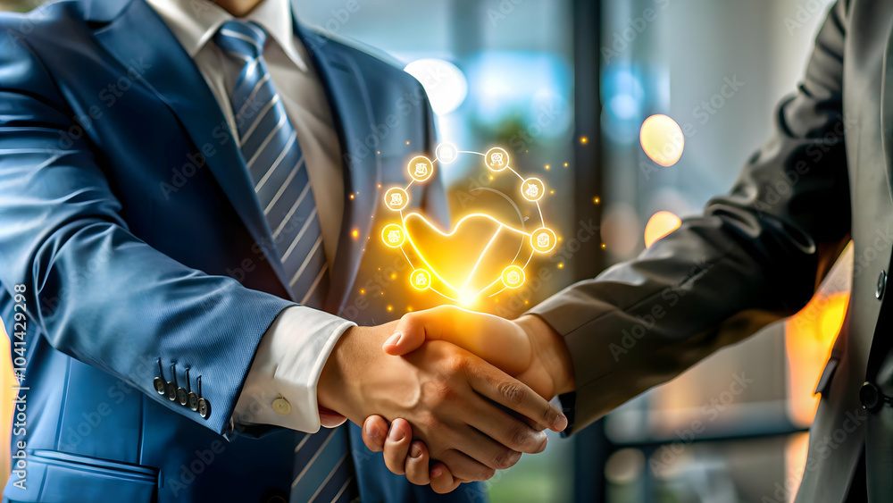 Aufkleber glowing handshake icon on plain white background symbolizing partnership teamwork and business succe