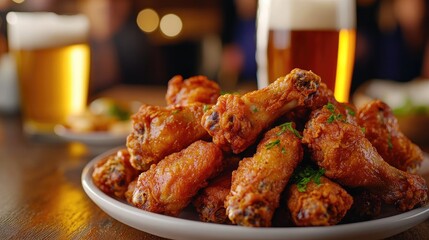 Crispy chicken wings paired with refreshing beer creating a relaxed atmosphere with tasty snacks
