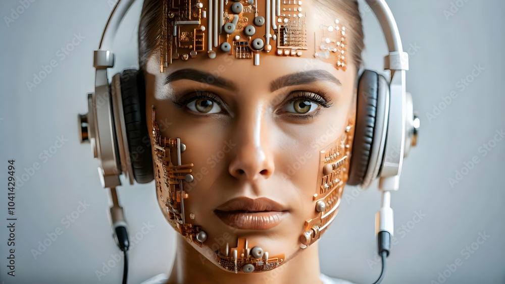 Poster ai circuit patterns headset image, technological integration in customer service, customizable copy 