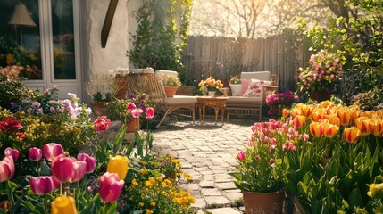 Obraz premium Vibrant Spring Terrace with Colorful Flowers
