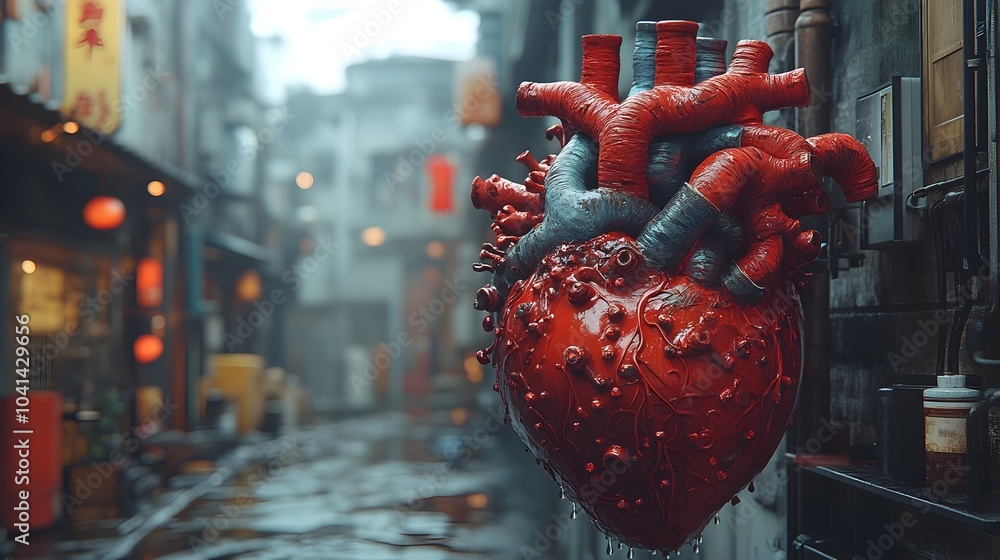 Poster rendering of an anatomical human heart set against the backdrop of a moody,gritty urban alleyway. th