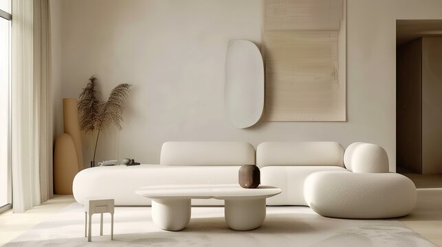 Minimalist, japandi interior design of modern living room - an elegant and serene space. This modern living room showcases a minimalist Japandi interior design, with clean lines and a harmonious blend