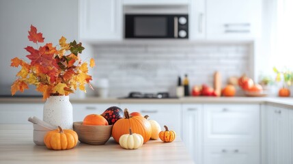 Bright, contemporary kitchen: minimalist white cabinetry contrasts with warm autumn touches like pumpkins and colorful leaves, blending modern with seasonal.