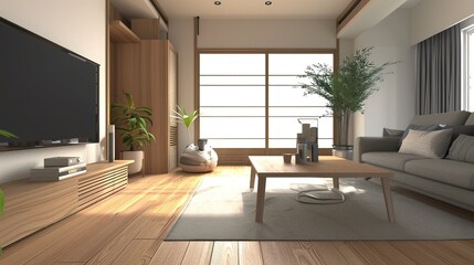 Fototapeta premium Minimalist, japandi interior design of modern living room - an elegant and serene space. This modern living room showcases a minimalist Japandi interior design, with clean lines and a harmonious blend
