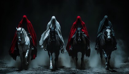 Four cloaked figures ride their horses through a misty, dark landscape.
