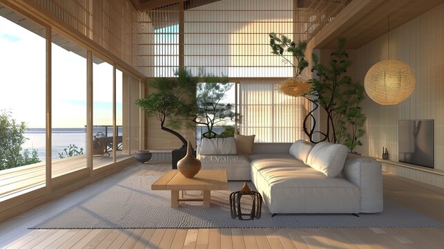 Minimalist, japandi interior design of modern living room - an elegant and serene space. This modern living room showcases a minimalist Japandi interior design, with clean lines and a harmonious blend