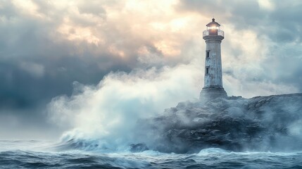 Vintage Lighthouse on Rocky Coast at Sunset