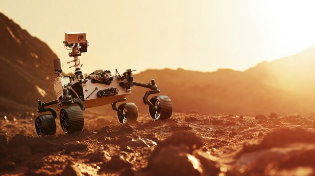 A robot explorer analyzing soil samples on Mars, red and barren Martian landscape with scientific instruments, Space Exploration style