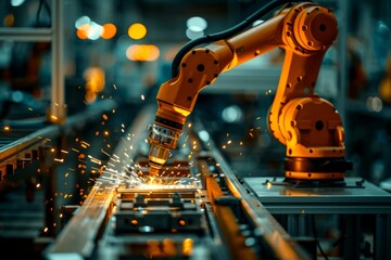 Close-up shot of an industrial robotic arm performing precise welding on metal components in a factory setting, cinematic, stock photo 