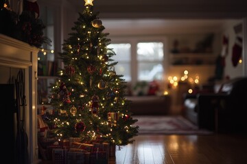 Decorated Christmas Tree with Presents and Lights in a Cozy Living Room