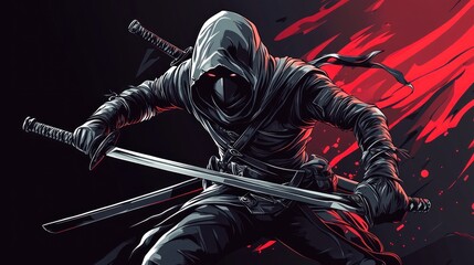 A hooded ninja warrior with two katanas, stands in a dark, red-tinged environment, poised for action.