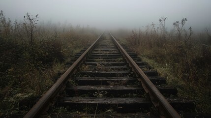 Abandoned Railway Track Disappearing into the Fog