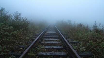 Fototapeta premium Abandoned Railway Track Disappearing into Fog
