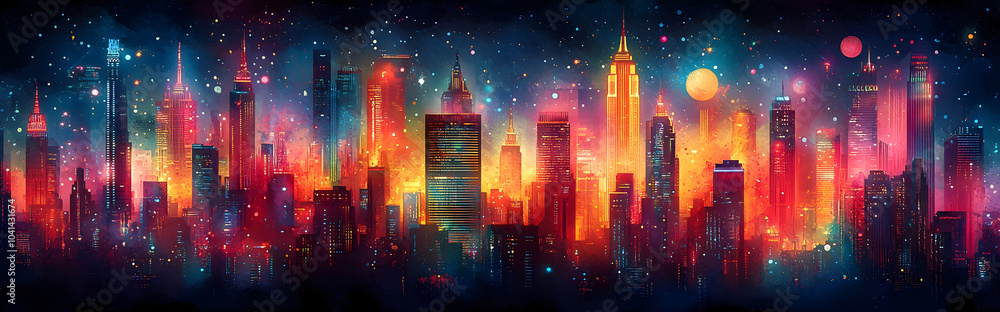 Leinwandbilder Striking and dynamic cityscape with a futuristic,sci-fi atmosphere. Tall skyscrapers and buildings are illuminated with a dazzling array of colorful neon lights.