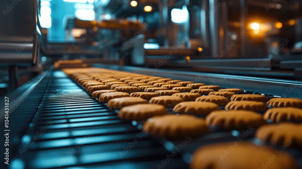 Aufkleber close-up of a conveyor belt carrying rows of cookies in a modern bakery, automated machinery ensurin