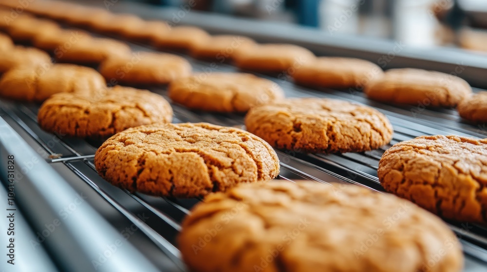 Aufkleber close-up of a conveyor belt carrying rows of cookies in a modern bakery, automated machinery ensurin