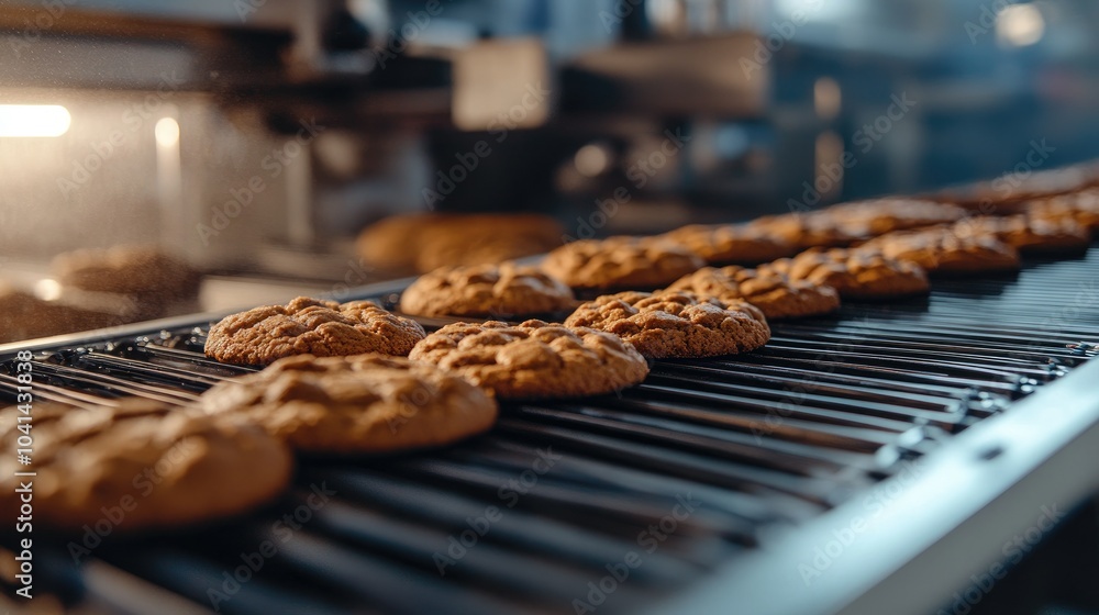 Aufkleber close-up of a conveyor belt carrying rows of cookies in a modern bakery, automated machinery ensurin