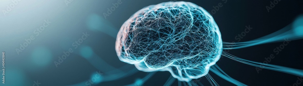 Poster digital illustration of a brain with neural connections, representing thought and intelligence.