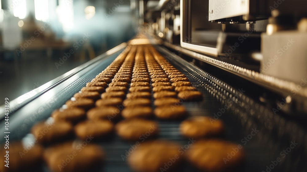 Aufkleber close-up of a conveyor belt carrying rows of cookies in a modern bakery, automated machinery ensurin