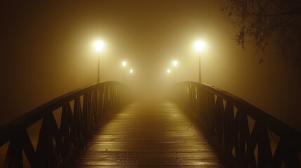 Obraz premium Foggy Bridge at Night with Illuminating Lights