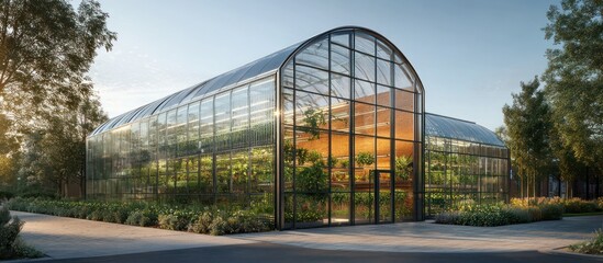 Obraz premium Modern glass greenhouse with a wooden door, surrounded by green trees and bushes.