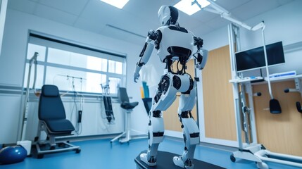 A robot guiding patients through rehabilitation exercises in a high-tech physiotherapy center, clinical and therapeutic setting with exercise equipment and patient monitors