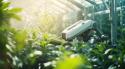A robot harvesting crops in a high-tech greenhouse, lush and vibrant agricultural setting with automated farming equipment, Agricultural Robotics style