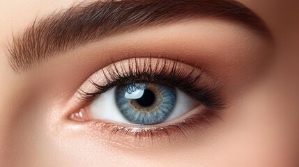 Obraz premium Close-up of a woman eye with soft, natural makeup, framing vibrant eye color and thick, defined lashes in a minimalist beauty fashion.