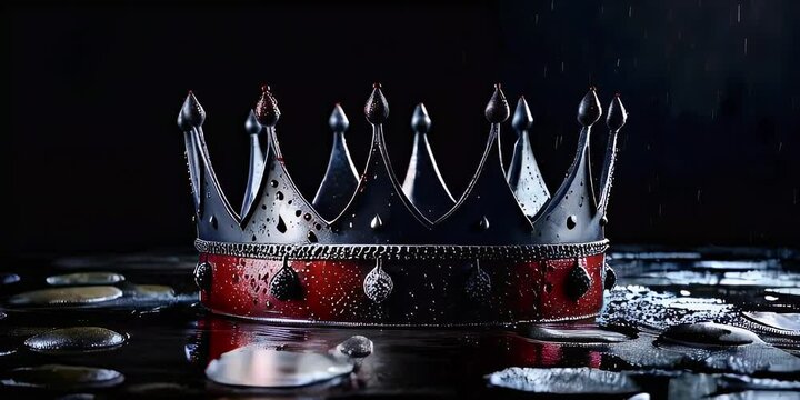 A black and red crown sits on top of the water, with raindrops falling around it.