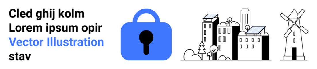 Lock icon central to city and countryside elements including buildings and windmill. Ideal for energy security, sustainable living, smart homes, urban planning, and data protection. Landing page