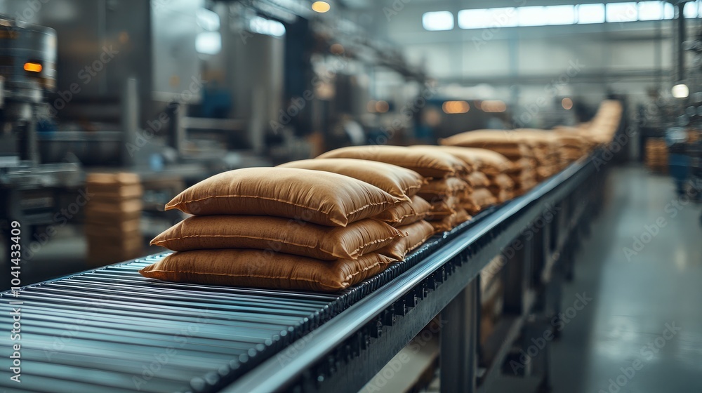 Poster A row of brown sacks are transported on a conveyor belt in a factory setting.