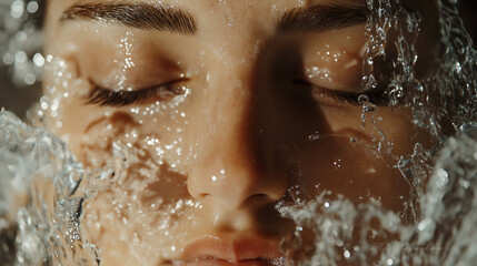 Fototapeta premium Close-up of a Model's Face with Water Droplets Splashing