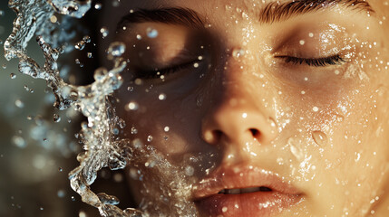 Close-up of a Model's Face with Water Droplets Splashing