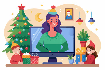 Fototapeta premium Virtual holiday celebration with family and festive decorations for christmas joy