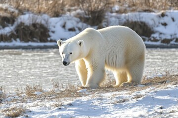 Majestic polar bear wandering the Arctic landscape. 