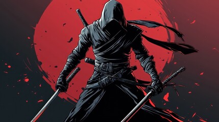 A hooded ninja warrior stands with two swords drawn, a red sun behind him.