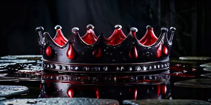 A black jeweled crown with red jewels and drops of blood sinking into dark water.