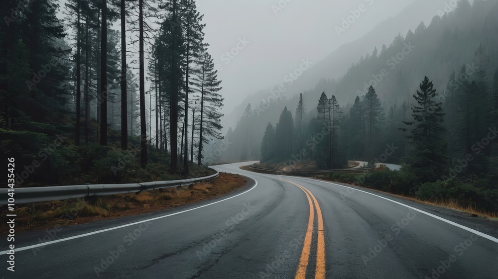 Wall mural an infinity road with mountain and mist