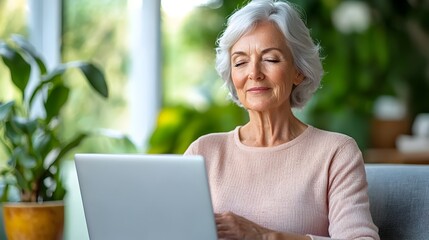 Mature fit woman engages in leg stretching exercises guided by a virtual personal trainer displayed on her laptop in the comfort of her contemporary home setting