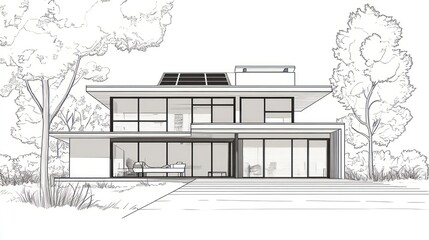 Hand drawn sketch of a modern house with large windows and solar panels on the roof.