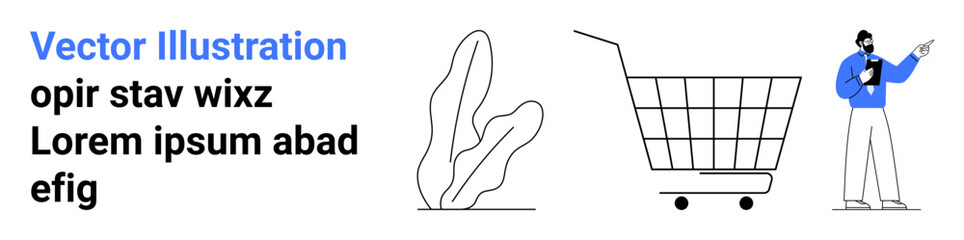 A man in a blue shirt holds a mobile phone near a shopping cart and plant. Ideal for e-commerce, online shopping, retail, digital marketing, and mobile apps. Landing page