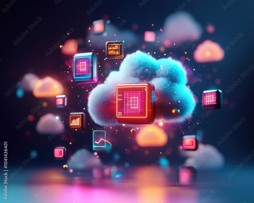 Poster bright and colorful technology clipart featuring glowing data visualizations and cloud elements, cre