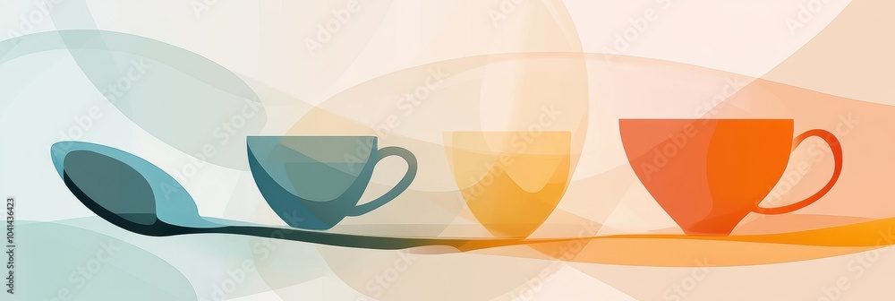 Poster colorful abstract shapes of a spoon and cups create a modern, minimalist aesthetic, blending harmoni