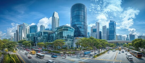 Obraz premium Cityscape with skyscrapers, traffic, and trees on a sunny day.