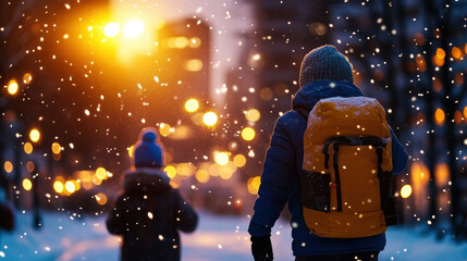 snowy winter night in city with two people walking, one carrying yellow backpack. scene is illuminated by warm city lights, creating cozy atmosphere