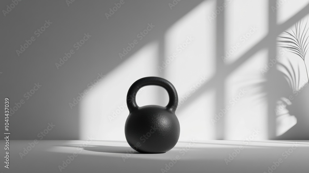 Poster a solitary black kettlebell sits prominently on a surface, illuminated by gentle light filtering thr