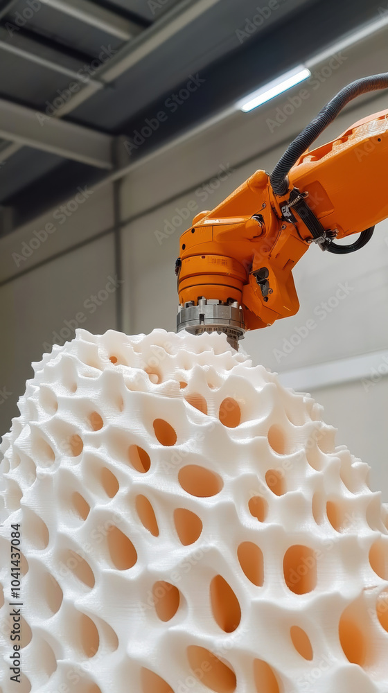 Poster high tech building materials are being 3d printed by robotic arm, showcasing innovative design and a
