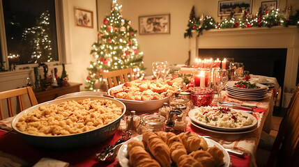 Beautiful Christmas Eve dinner table setup with food salads breads desserts tomatoes vegetables decorated with Christmas tree behind, festive holiday celebration in warming cozy winter party at home