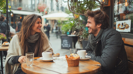 couple laughing smiling together while enjoying brunch at outdoor cafe in cozy autumn foliage season full of joy happiness, coffee orange juice dining table relationship leisure lifestyle love bonding