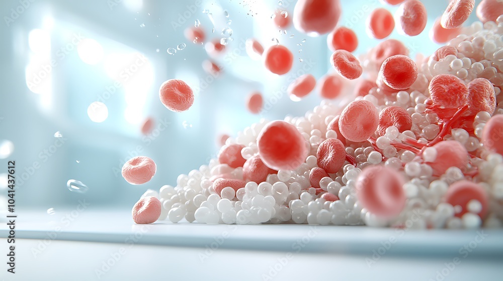 Poster a stunning visualization of blood cells and particles in motion illustrating the intricate dynamics 